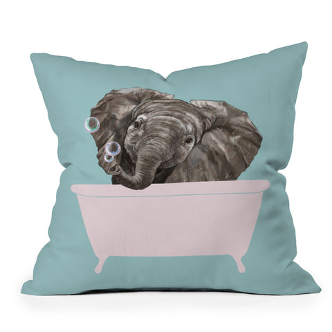 Big Nose Work Baby Elephant in Bathtub Throw Pillow