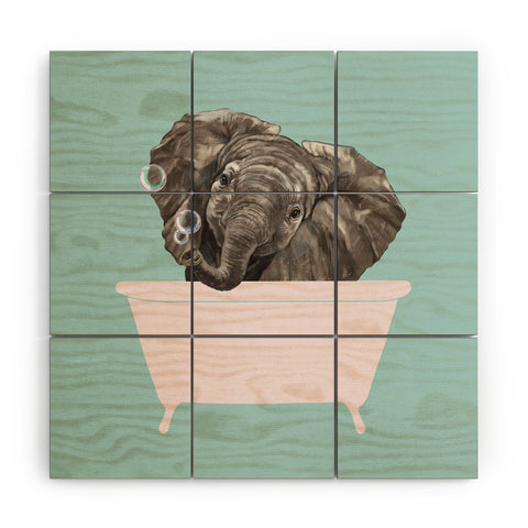 Big Nose Work Baby Elephant in Bathtub Wood Wall Mural