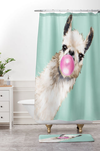 Big Nose Work Bubblegum Llama in Green Shower Curtain And Mat