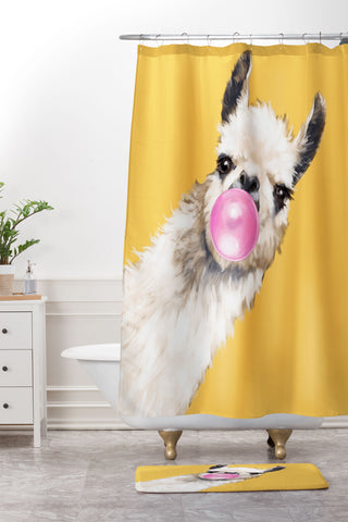 Big Nose Work Bubblegum Sneaky Llama Yellow Shower Curtain And Mat
