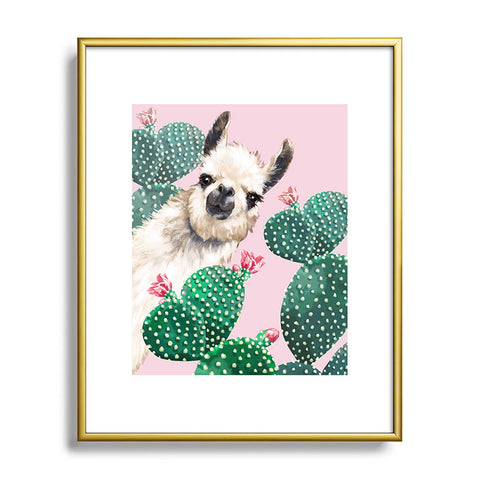 Big Nose Work Llama and Cactus Pink Metal Framed Art Print