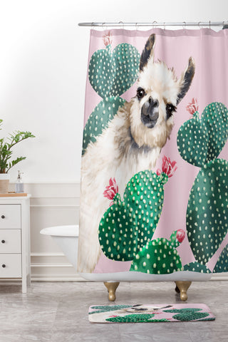 Big Nose Work Llama and Cactus Pink Shower Curtain And Mat