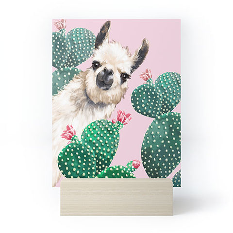 Big Nose Work Llama and Cactus Pink Mini Art Print
