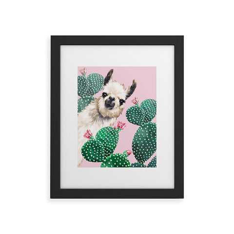 Big Nose Work Llama and Cactus Pink Framed Art Print