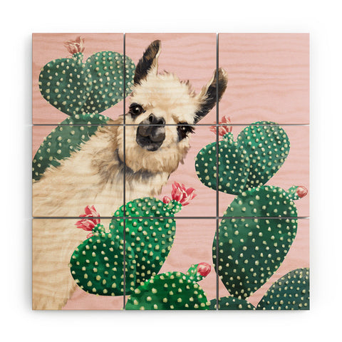 Big Nose Work Llama and Cactus Pink Wood Wall Mural