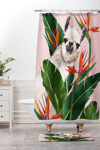 Big Nose Work Llama With Bird of Paradise Shower Curtain And Mat