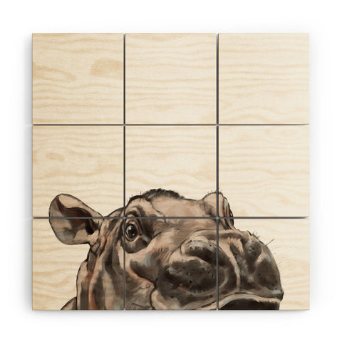 Big Nose Work Peeking Baby Hippo Wood Wall Mural