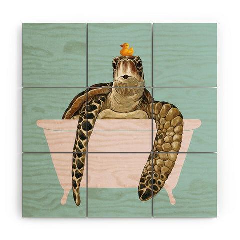 Big Nose Work Sea Turtle in Bathtub Wood Wall Mural