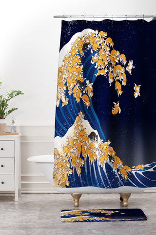Big Nose Work Shiba Inu Great Wave at Night Shower Curtain And Mat
