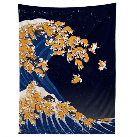 Big Nose Work Shiba Inu Great Wave at Night Tapestry