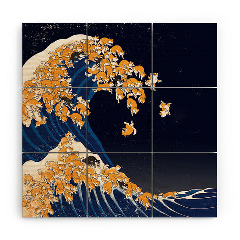 Big Nose Work Shiba Inu Great Wave at Night Wood Wall Mural