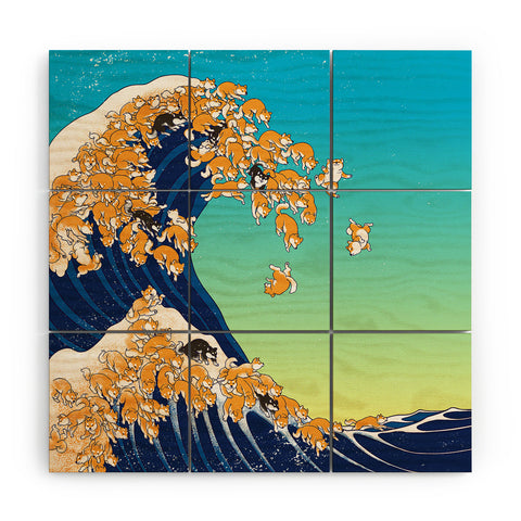 Big Nose Work Shiba Inu Great Waves Wood Wall Mural