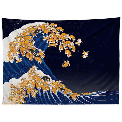 Big Nose Work Shiba Inu The Great Wave in Night Tapestry