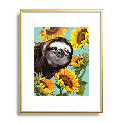 Big Nose Work Sneaky Sloth with Sunflowers Metal Framed Art Print