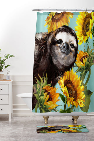 Big Nose Work Sneaky Sloth with Sunflowers Shower Curtain And Mat