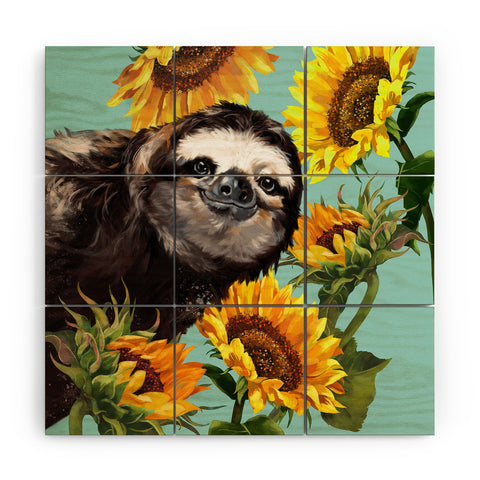 Big Nose Work Sneaky Sloth with Sunflowers Wood Wall Mural