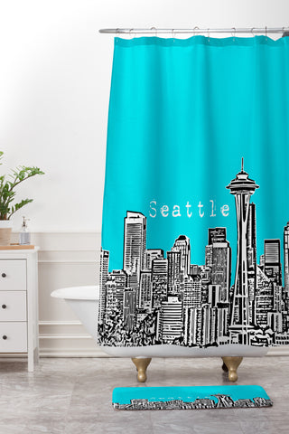 Bird Ave Seattle Teal Shower Curtain And Mat