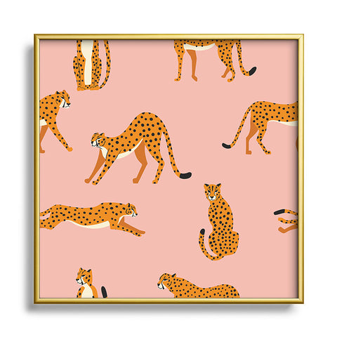 BlueLela Cheetahs pattern on pink Square Metal Framed Art Print