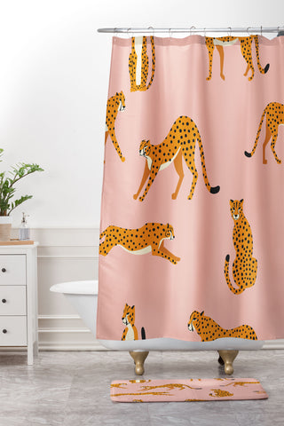 BlueLela Cheetahs pattern on pink Shower Curtain And Mat