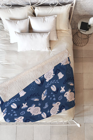 BlueLela Rabbits and Flowers 003 Fleece Throw Blanket