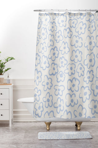 Bohomadic.Studio Light Blue Daisies Pattern Shower Curtain And Mat
