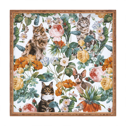 Burcu Korkmazyurek Cat and Floral Pattern III Square Tray