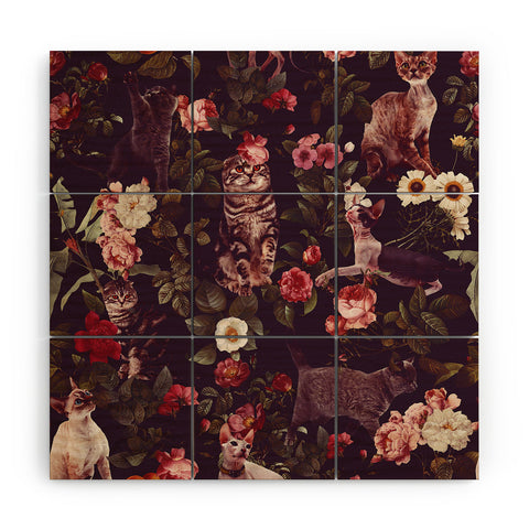 Burcu Korkmazyurek Cat and Floral Pattern Wood Wall Mural