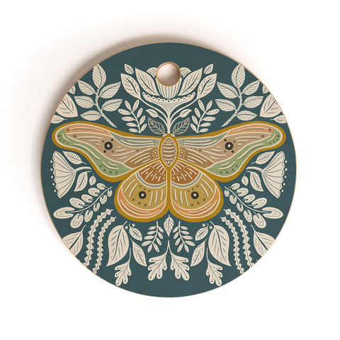 Carey Copeland Moth Floral Gold BlueGreen Cutting Board Round