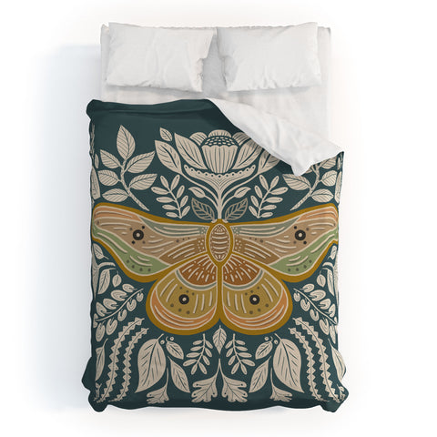 Carey Copeland Moth Floral Gold BlueGreen Duvet Cover