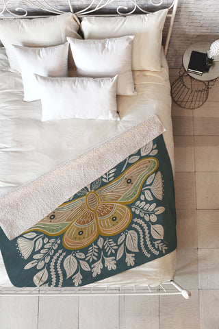 Carey Copeland Moth Floral Gold BlueGreen Fleece Throw Blanket