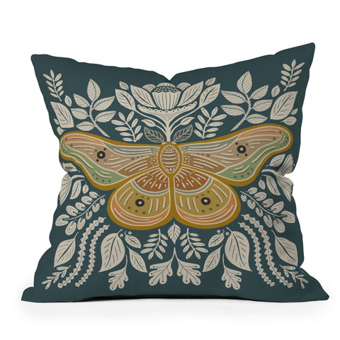 Carey Copeland Moth Floral Gold BlueGreen Throw Pillow