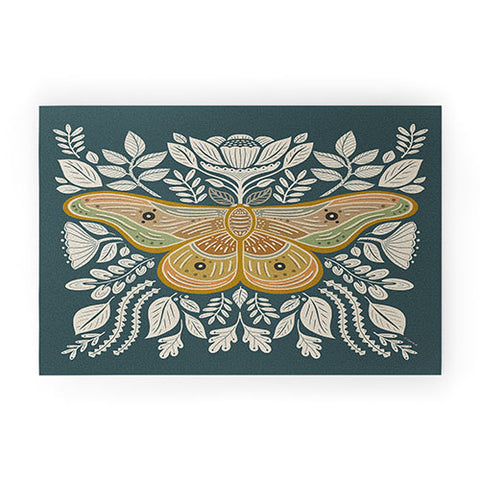 Carey Copeland Moth Floral Gold BlueGreen Welcome Mat