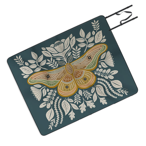 Carey Copeland Moth Floral Gold BlueGreen Picnic Blanket