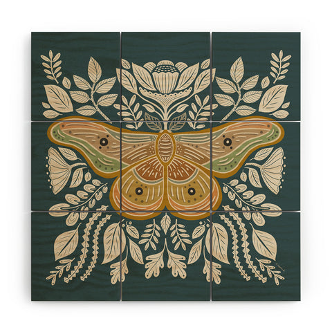 Carey Copeland Moth Floral Gold BlueGreen Wood Wall Mural