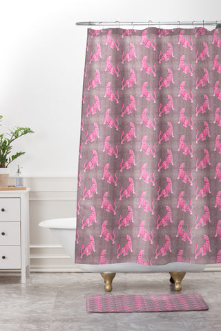 Caroline Okun Leaping Pink Tigers Shower Curtain And Mat
