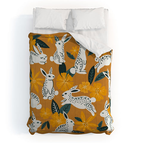 Cat Coquillette Bunnies Blooms Ochre Teal P Comforter