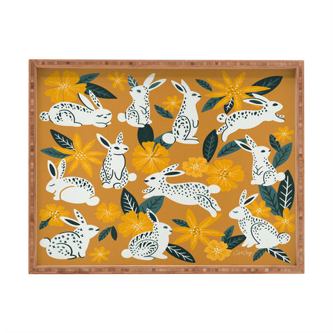 Cat Coquillette Bunnies Blooms Ochre Teal P Rectangular Tray