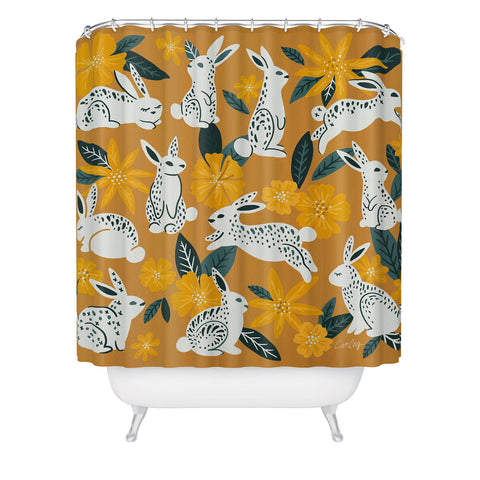 Cat Coquillette Bunnies Blooms Ochre Teal P Shower Curtain
