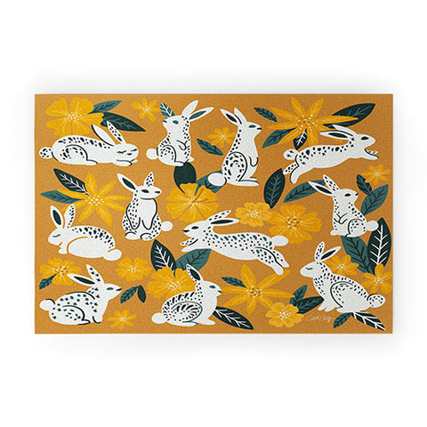 Cat Coquillette Bunnies Blooms Ochre Teal P Welcome Mat