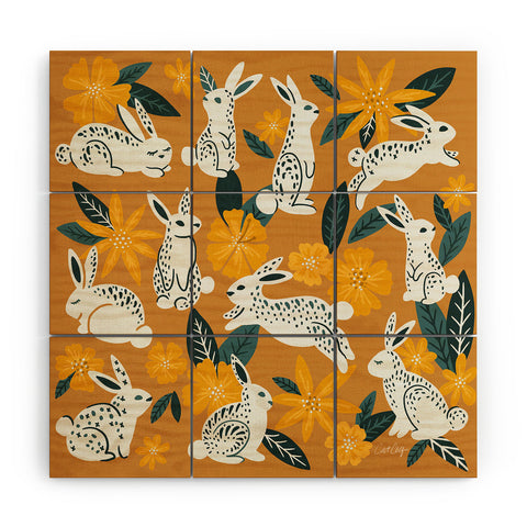 Cat Coquillette Bunnies Blooms Ochre Teal P Wood Wall Mural