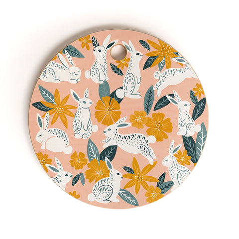 Cat Coquillette Bunnies Blooms Teal Blush Cutting Board Round