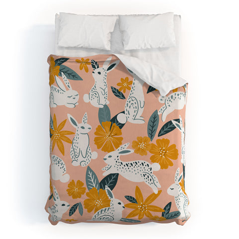 Cat Coquillette Bunnies Blooms Teal Blush Duvet Cover