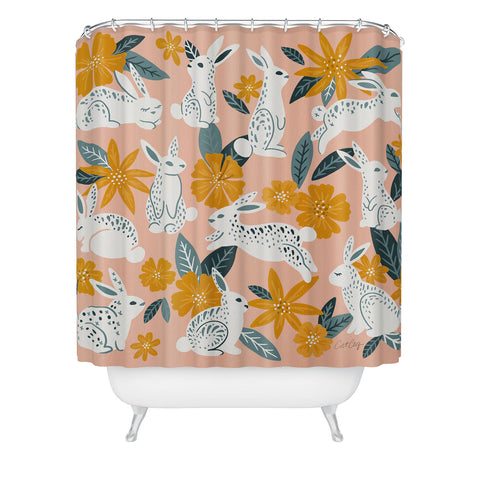 Cat Coquillette Bunnies Blooms Teal Blush Shower Curtain