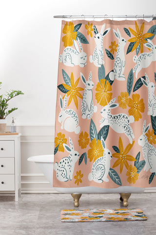 Cat Coquillette Bunnies Blooms Teal Blush Shower Curtain And Mat