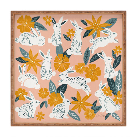 Cat Coquillette Bunnies Blooms Teal Blush Square Tray
