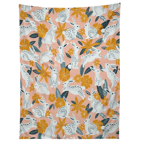 Cat Coquillette Bunnies Blooms Teal Blush Tapestry