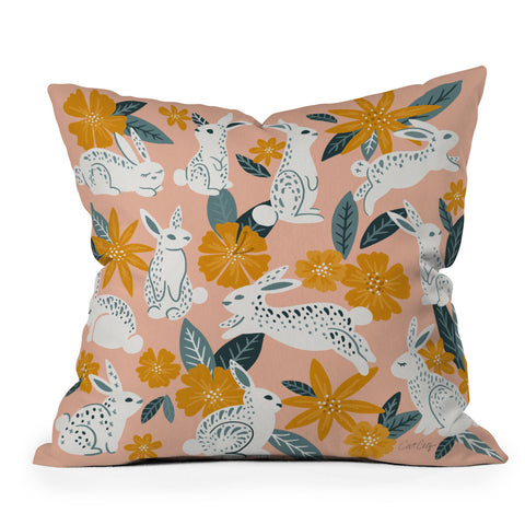 Cat Coquillette Bunnies Blooms Teal Blush Throw Pillow