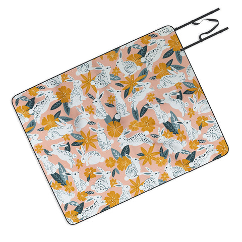 Cat Coquillette Bunnies Blooms Teal Blush Picnic Blanket