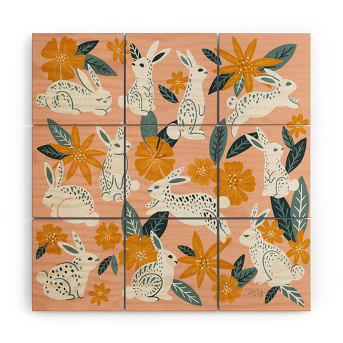 Cat Coquillette Bunnies Blooms Teal Blush Wood Wall Mural