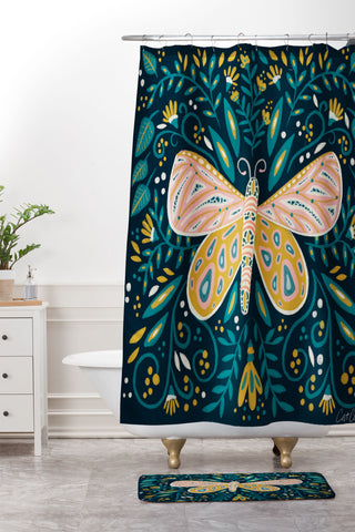 Cat Coquillette Butterfly Symmetry Teal Palet Shower Curtain And Mat